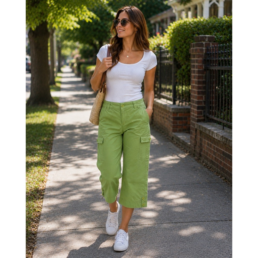 IZOD Green Cargo Capri Pants Cotton Ripstop Cropped Womens 10 Utility Trousers